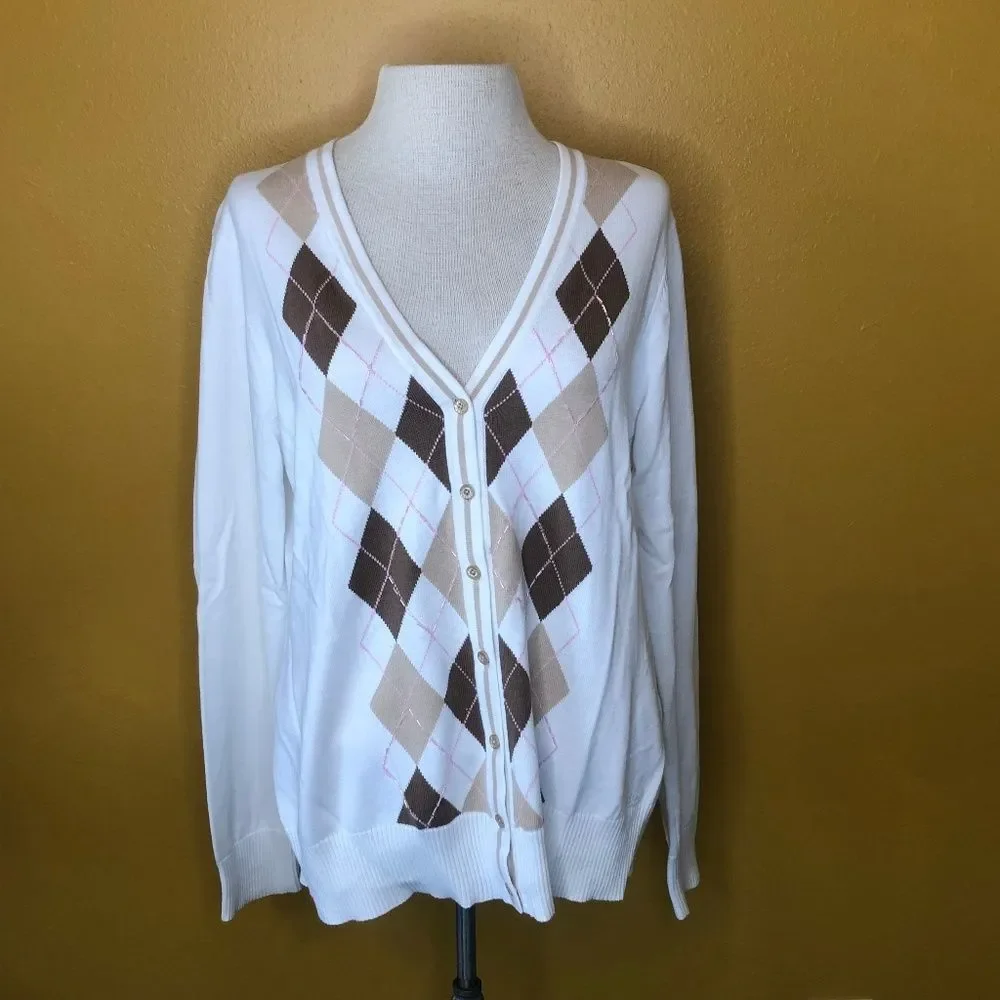 Izod Cream and Brown Argyle Cardigan Sweater New - Picture 1 of 4